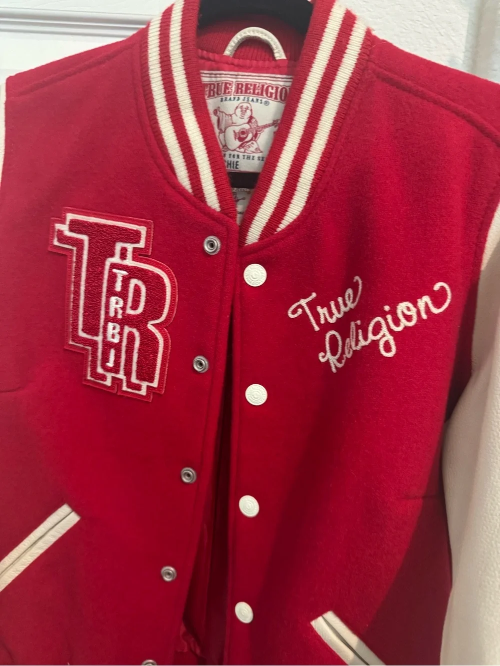 True Religion Women’s/ Men Red and White Varsity Jacket